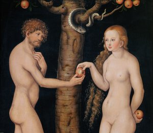 Eva oferecendo a maçã para Adão no Jardim do Éden, c.1520-25 óleo em madeira detalhe de 407328